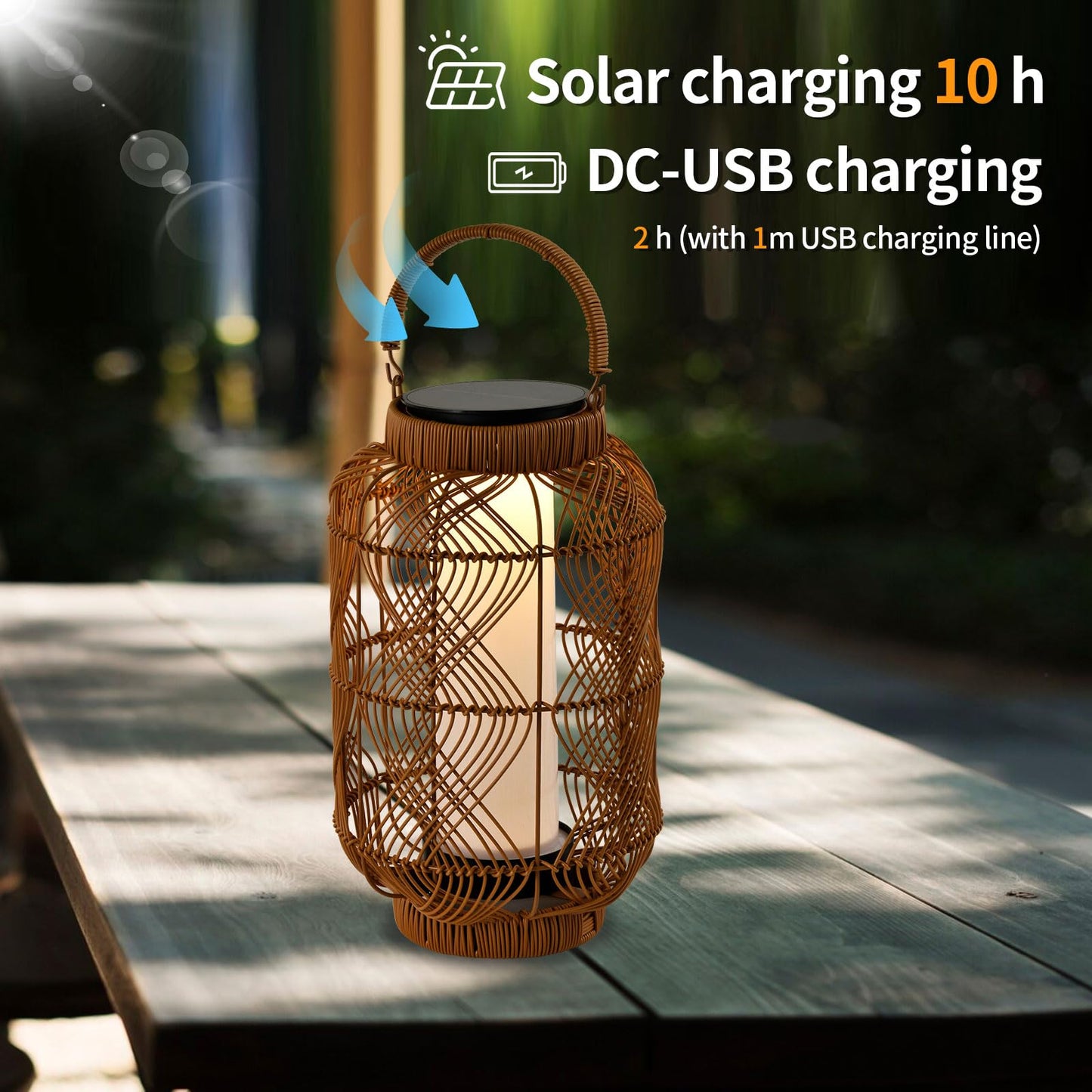 LQWELL® Solar Lantern for Outdoor, 2-in-1 Solar Charging & USB Charging Solar Lamps Table Lamp Rattan Indoor Decorative Night Light with Charging Cable for Garden, Balcony, Camping, Bedroom