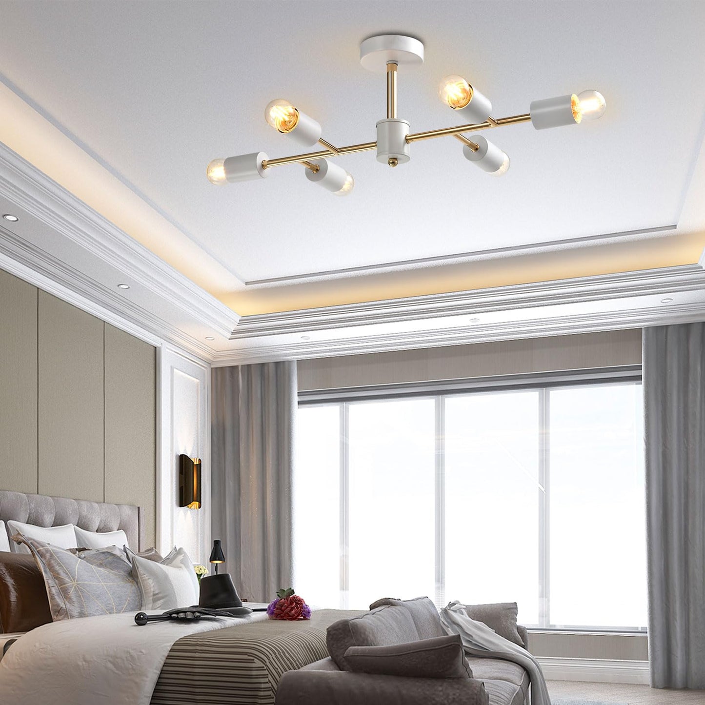 LQWELL® Chandelier Industrial Ceiling Light, Modern Chandelier E14 Kitchen Lamp Bedroom Lamp for Living Room Bedroom Kitchen, 6-Light, Gold White, No Bulb