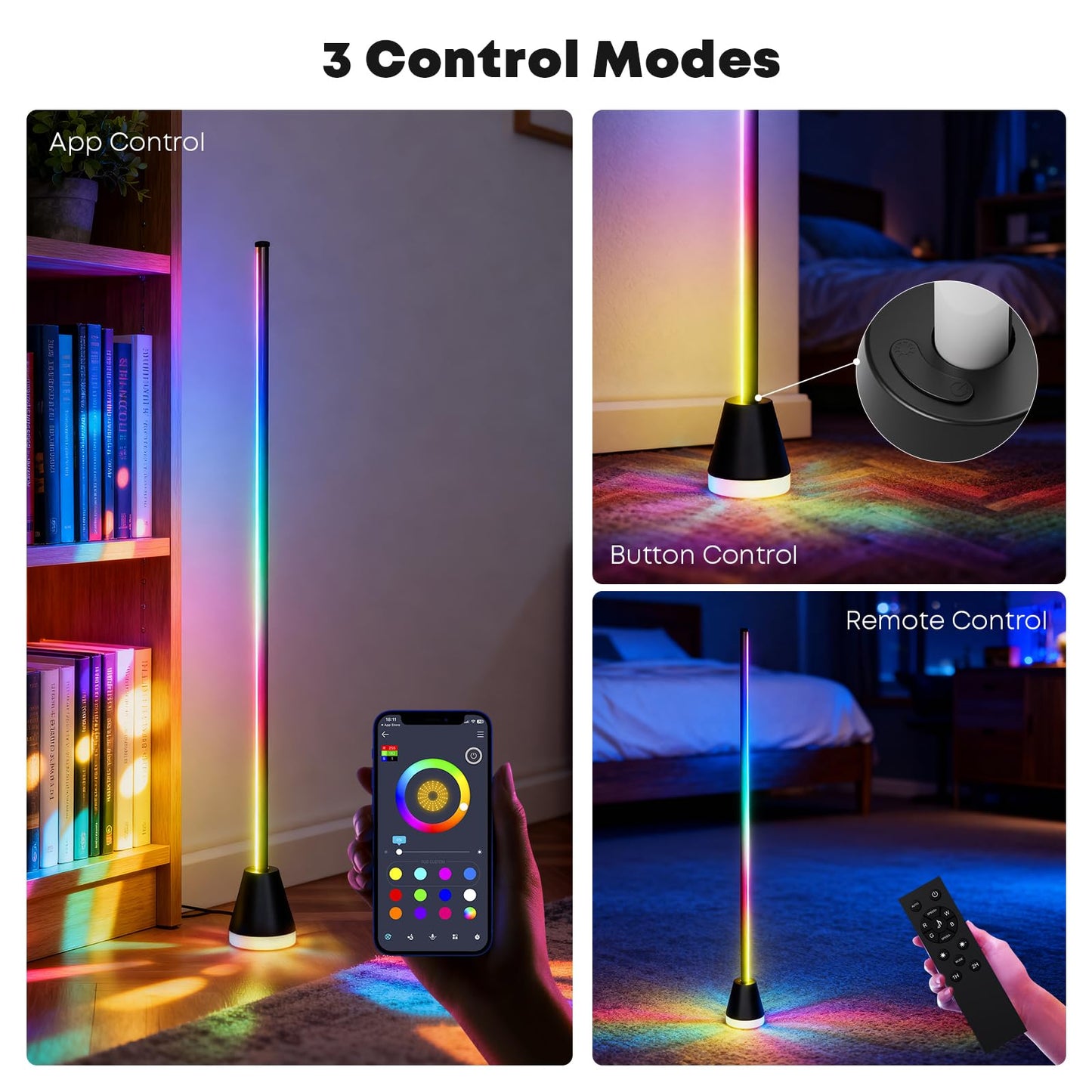 LQWELL® RGBIC LED Floor Lamp Dimmable, 150cm Corner Lamp with Remote Control and APP, 16 Million Colors Smart Standing Lamp with DIY and Music Mode, Timing Function for Living Room, Bedroom, Party