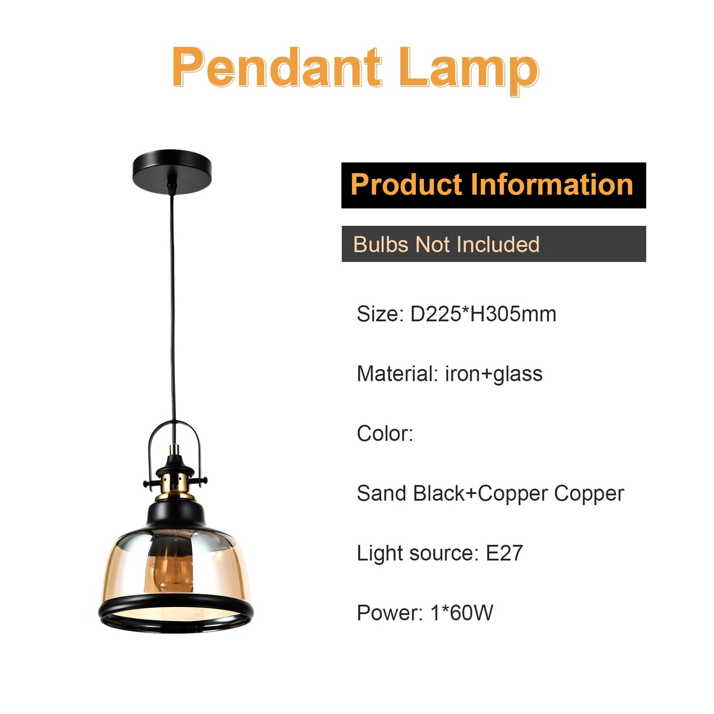 LQWELL® Modern Pendant Light E27, Minimalist Industrial Pendant Lamp Vintage Hanging Lamp for Kitchen Living Room Bedroom Dining Room Cafes, Glass Shade Chandelier Ceiling Lamp, Copper