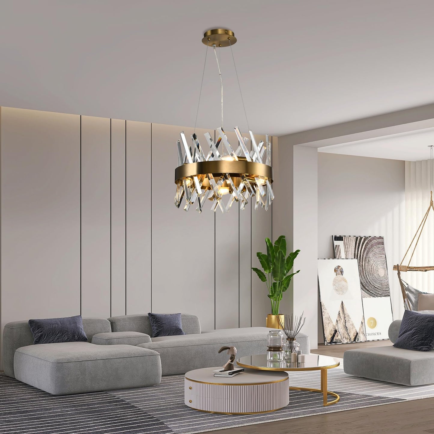 LQWELL® Kronleuchter 6-Licht E14, Industrie Chandelier, Modern Pendelleuchte Hängeleuchte für Wohnzimmer Schlafzimmer Esszimmer Gang Cafés Bar Studio, Kristall Deckenlampe, Champagner Gold