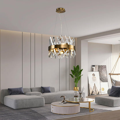 LQWELL® Kronleuchter 6-Licht E14, Industrie Chandelier, Modern Pendelleuchte Hängeleuchte für Wohnzimmer Schlafzimmer Esszimmer Gang Cafés Bar Studio, Kristall Deckenlampe, Champagner Gold