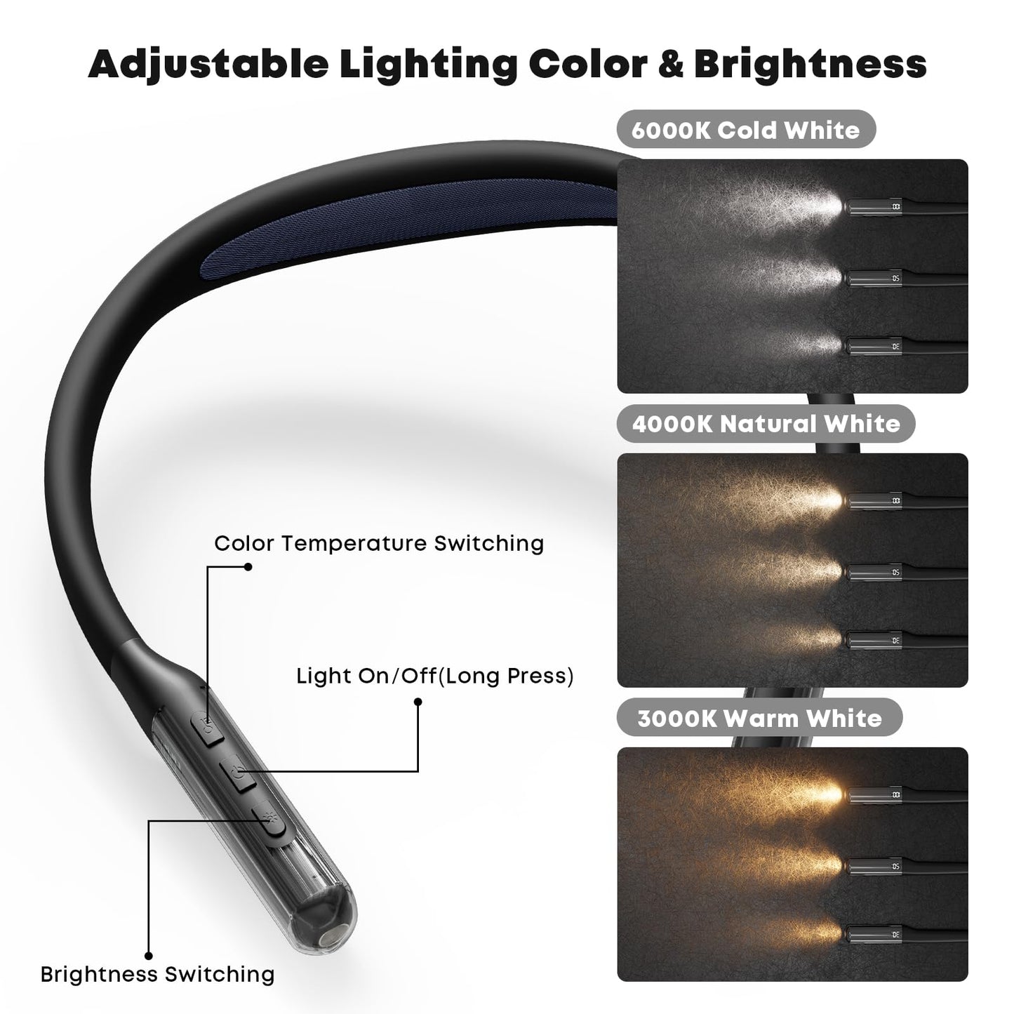 LQWELL® Neck Reading Light, 3 Colors & 3 Brightness Levels Adjustable, LED Book Light with Bendable Arms, Portable Neck Lamp, Ergonomic, Rechargeable for Reading, Crocheting, Sewing, Repairing, Knitting