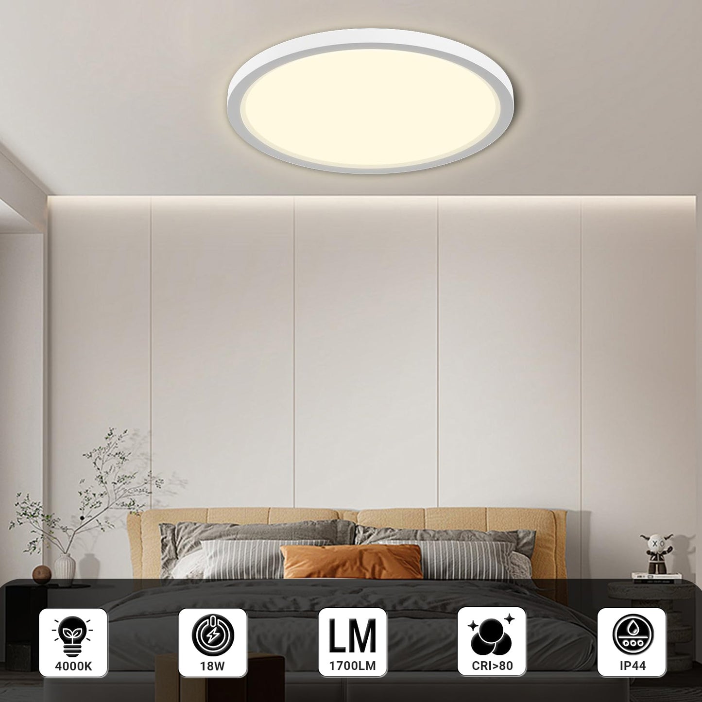 LQWELL® Ceiling Light LED Ceiling Lamp, IP44 Waterproof Bathroom Lamp Round Flat 23W 4000K 2400LM Modern Simple Lamp Thin for Living Room Bathroom Bedroom Kitchen Balcony Basement Office, 300 * 25mm