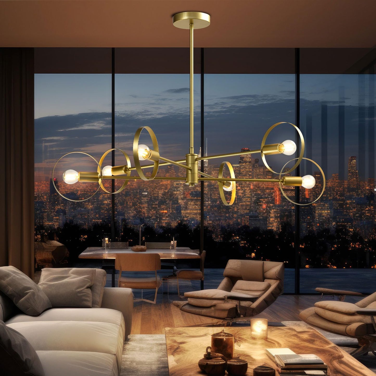 LQWELL® Chandelier 6-Light E14, Industrial Chandelier, Modern Pendant Light for Living Room Bedroom Dining Room Hallway Cafes Bar Studio, Metal Ceiling Lamp, Gold