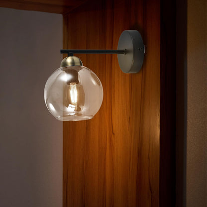 LQWELL® E14 Wall Light Spherical Glass Lampshade, Retro Indoor Wall Lamp 1-Bulb Wall Lighting Wall Spotlight for Bedroom Living Room Hotel Staircase, Matte Black Antique Green Cognac-Colored Glass Cover