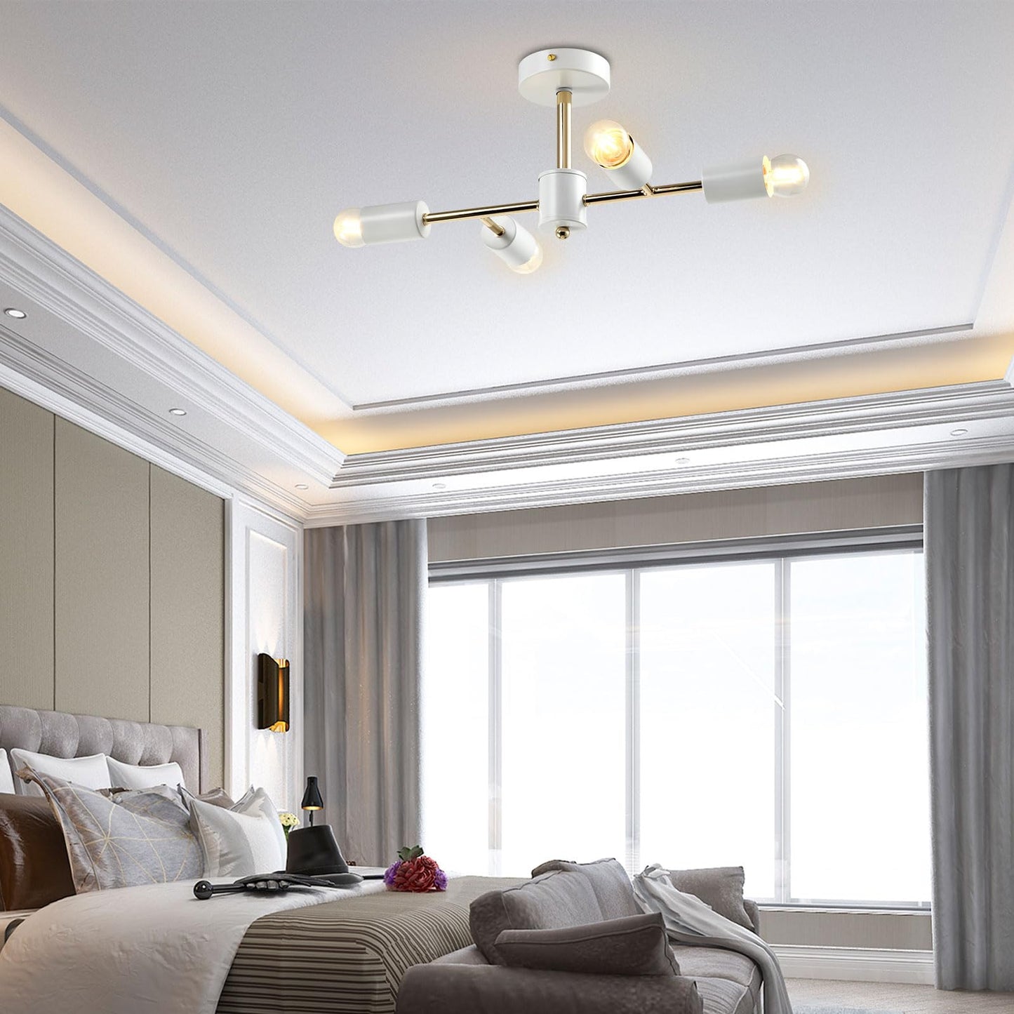 LQWELL® Chandelier Industrial Ceiling Light, Modern Chandelier E14 Kitchen Lamp Bedroom Lamp for Living Room Bedroom Kitchen, 4-Light, Gold White, No Bulb