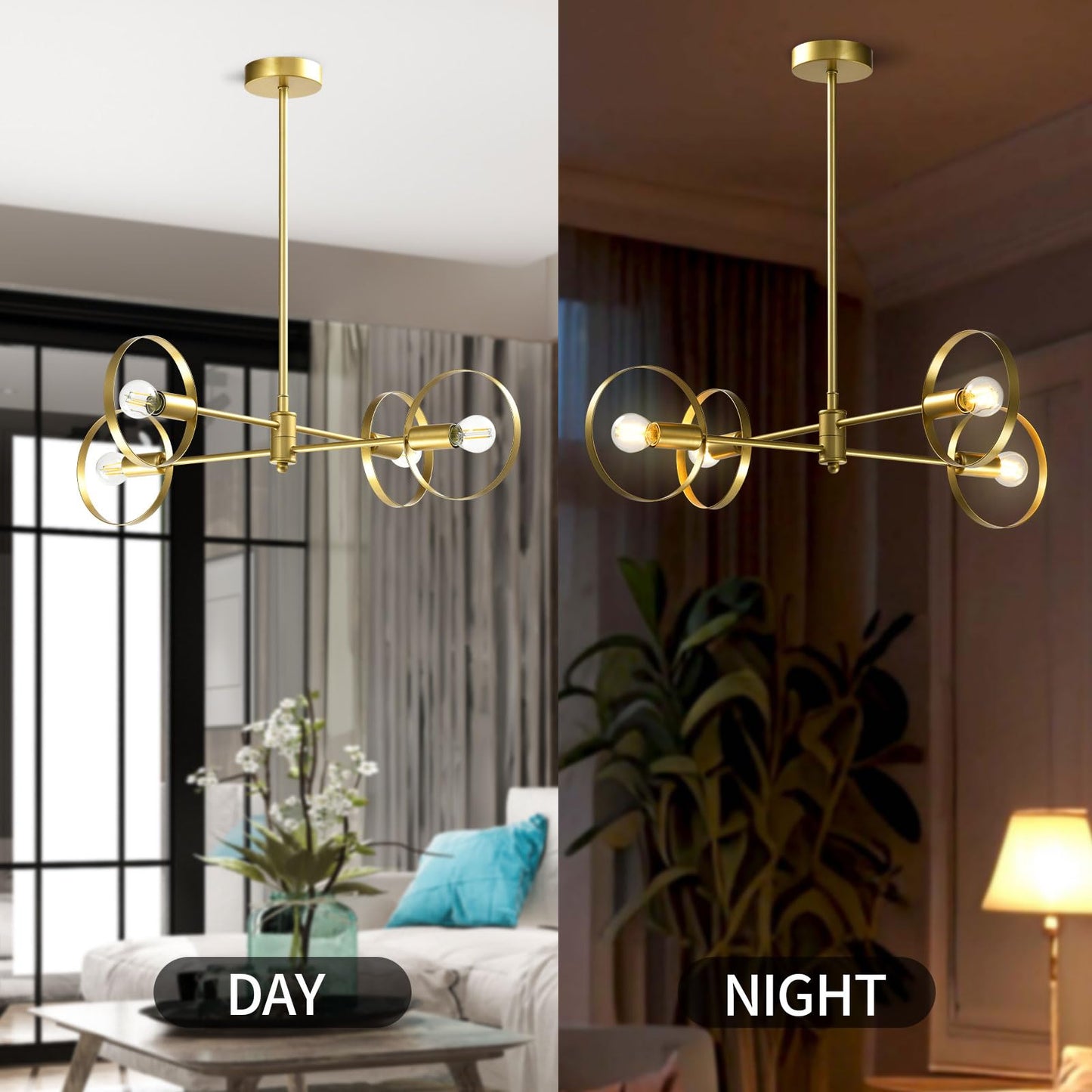 LQWELL® Chandelier 4-Light E14, Industrial Chandelier, Modern Pendant Light for Living Room Bedroom Dining Room Hallway Cafes Bar Studio, Metal Ceiling Lamp, Gold