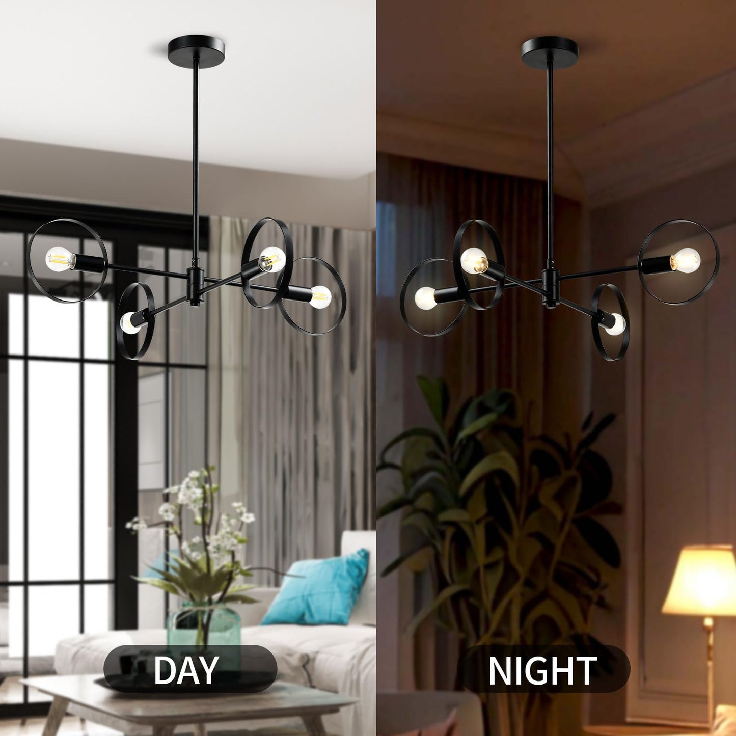 LQWELL® Chandelier 4-Light E14, Industrial Chandelier, Modern Pendant Light for Living Room Bedroom Dining Room Hallway Cafes Bar Studio, Metal Ceiling Lamp, Matte Black