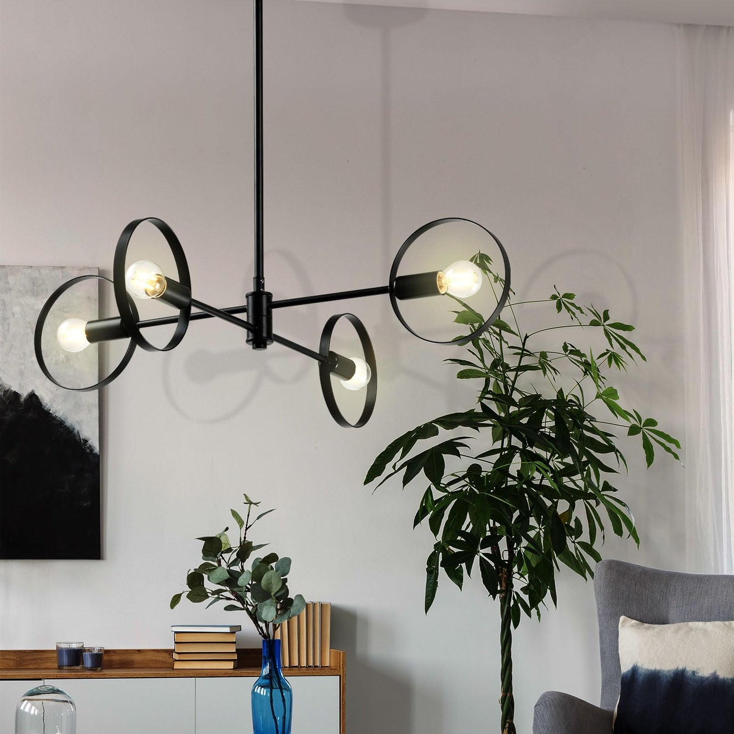 LQWELL® Chandelier 4-Light E14, Industrial Chandelier, Modern Pendant Light for Living Room Bedroom Dining Room Hallway Cafes Bar Studio, Metal Ceiling Lamp, Matte Black