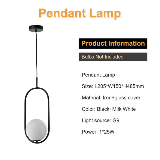 LQWELL® Globe Pendant Light G9 Hanging Lamp, Mid-Century Modern Pendant Lamp Chandelier Sphere Glass Lampshade for Kitchen Living Room Bedroom Dining Room, Metal Ceiling Lamp