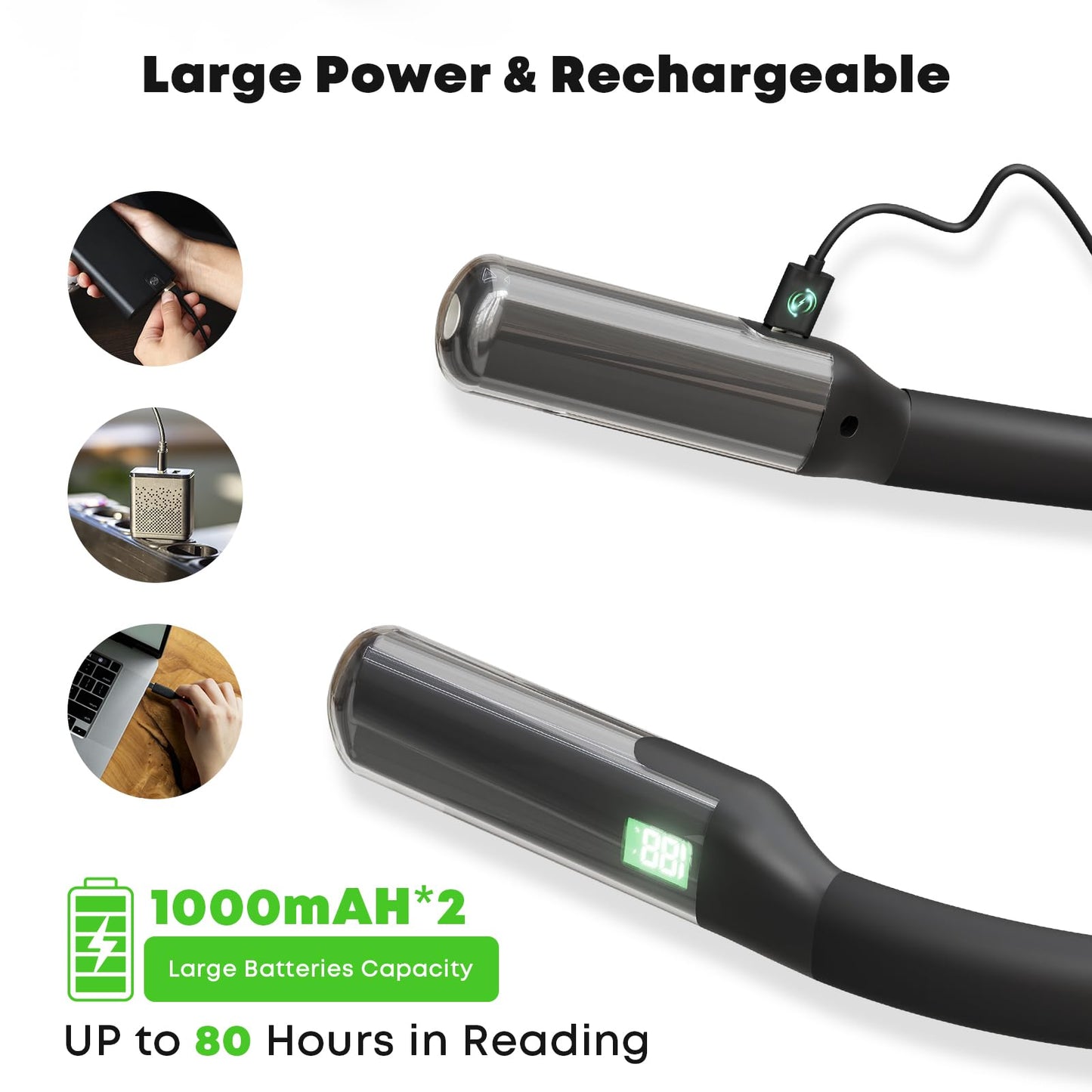 LQWELL® Neck Reading Light, 3 Colors & 3 Brightness Levels Adjustable, LED Book Light with Bendable Arms, Portable Neck Lamp, Ergonomic, Rechargeable for Reading, Crocheting, Sewing, Repairing, Knitting