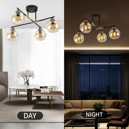 LQWELL® Chandelier Industrial Ceiling Light, Modern Globe Glass Lampshade Chandelier E14 Kitchen Lamp Bedroom Lamp for Living Room Bedroom Kitchen, 4-Light, No Bulb