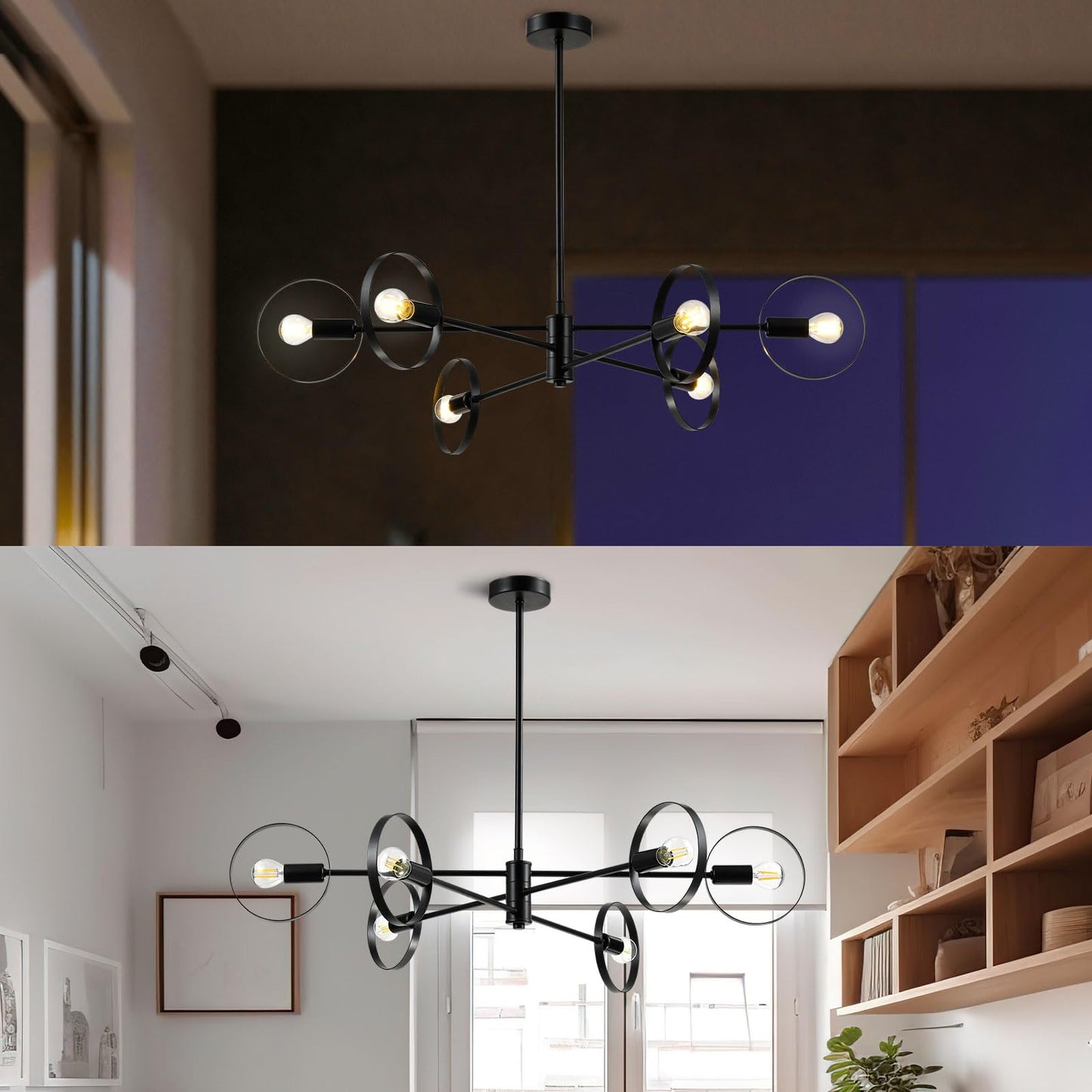 LQWELL® 6-Light E14 Chandelier, Industrial Chandelier, Modern Pendant Light Hanging Lamp for Living Room Bedroom Dining Room Hallway Cafes Bar Studio, Metal Ceiling Lamp, Matt Black