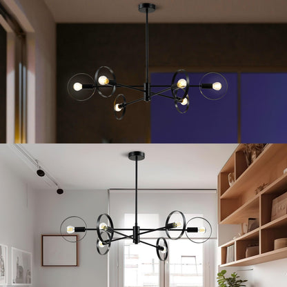 LQWELL® 6-Light E14 Chandelier, Industrial Chandelier, Modern Pendant Light Hanging Lamp for Living Room Bedroom Dining Room Hallway Cafes Bar Studio, Metal Ceiling Lamp, Matt Black