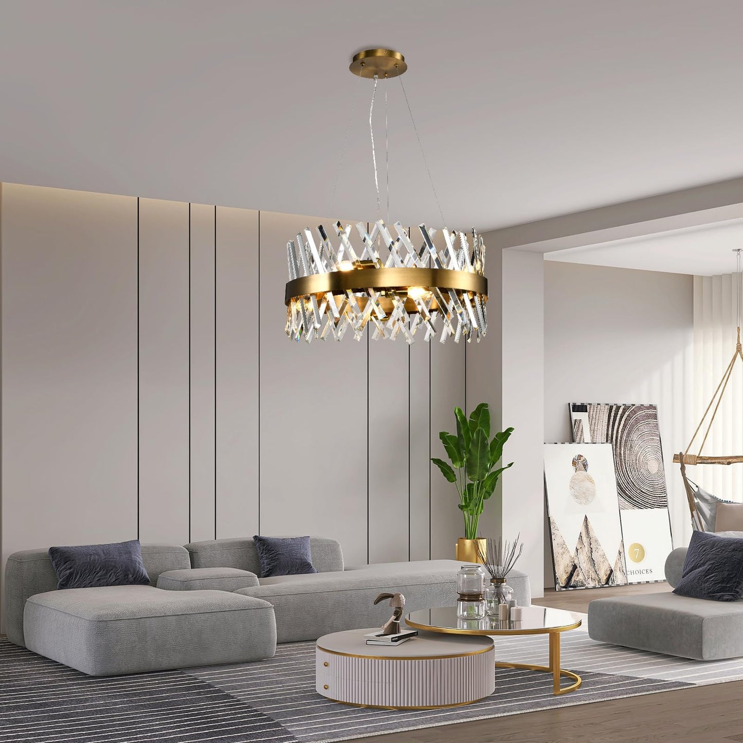 LQWELL® Kronleuchter 8-Licht E14, Industrie Chandelier, Modern Pendelleuchte Hängeleuchte für Wohnzimmer Schlafzimmer Esszimmer Gang Cafés Bar Studio, Kristall Deckenlampe, Champagner Gold