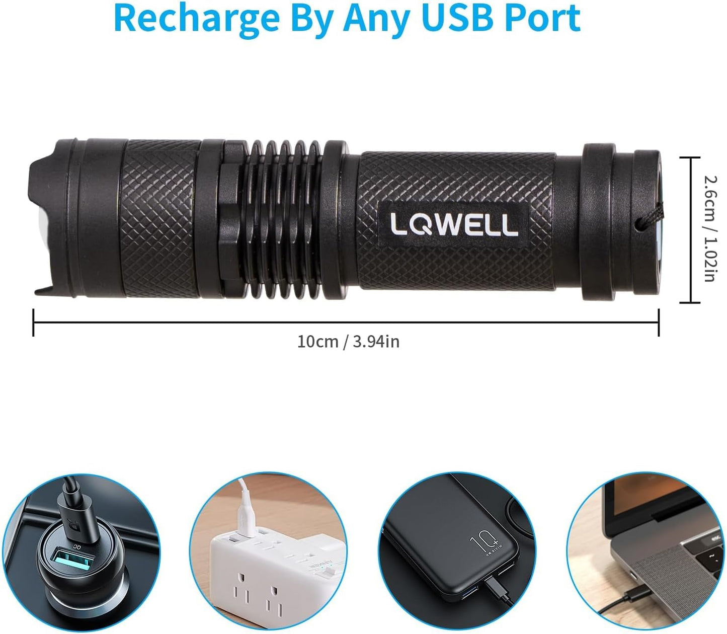 LQWELL® Mini LED Flashlight USB C Rechargeable, Zoomable and Portable with 3 Light Modes, Small Hand Flashlight for Camping, Hiking, Emergencies, Running, Cycling and Night Reading, available as 2/3/4 piece set