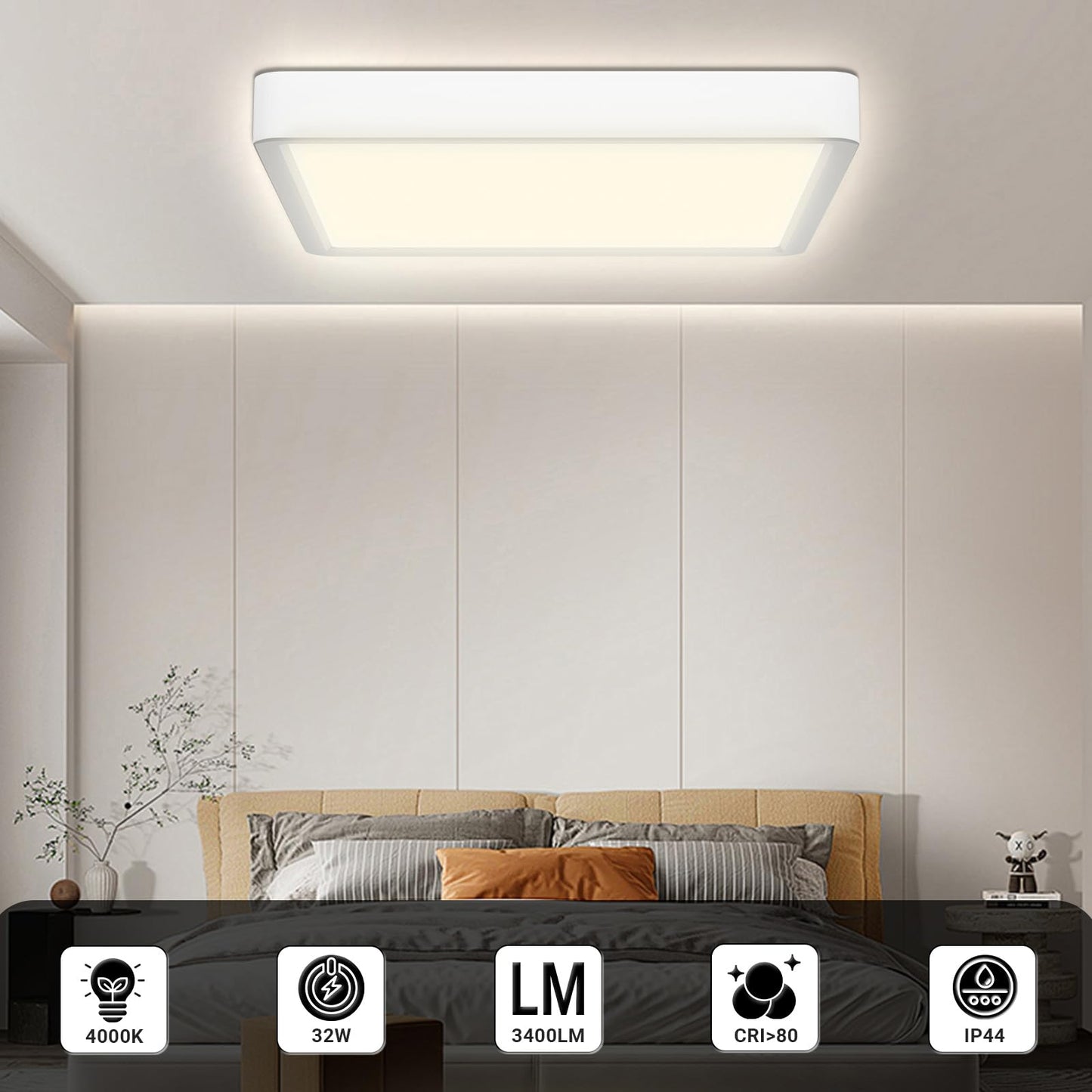 LQWELL® Deckenleuchte LED Deckenlampe, IP44 Wasserfest Badlampe Quadrat Flach 32W 4000K 3400LM Modern Schlicht Lampe Dünn für Wohnzimmer Badezimmer Schlafzimmer Küche Balkon Keller Büro, 400 * 25mm