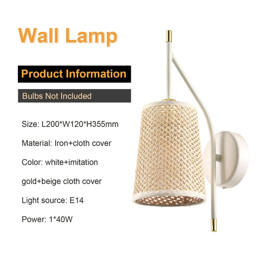 LQWELL® Retro Vintage Wall Light E14, Indoor Wall Lamp with Fabric Shade, Black/Beige Imitation Gold, Lighting for Bedroom Living Room Hotel, No Bulb
