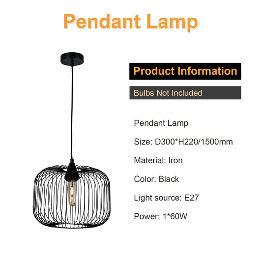 LQWELL® E27 Pendant Light, Retro Vintage Pendant Lamp Hanging Lamp Lantern Shape Birdcage Shape Modern Industrial Ceiling Lamp for Kitchen Living Room 1.5 M Height Adjustable, Black