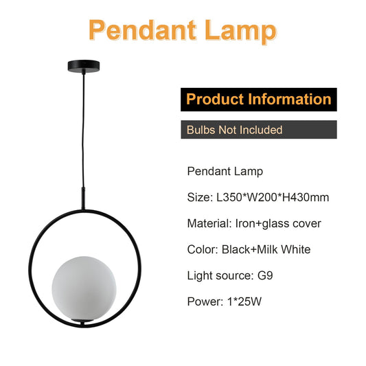 LQWELL® Globe Pendelleuchte Hängeleuchte G9, Modern Kugelglas Lampenschirm Pendellampe Hängelampe für Küche Wohnzimmer Schlafzimmer Esszimmer, Metall Mid Century Deckenlampe, Schwarz