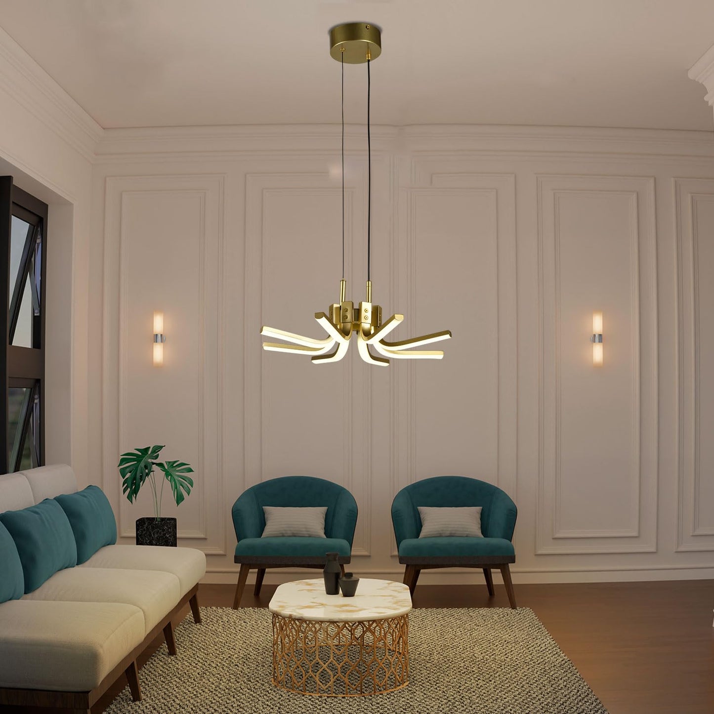 LQWELL® Chandelier LED 30W, Industrial Chandelier, Modern Pendant Light Hanging Lamp for Living Room Bedroom Dining Room Hallway Cafes Bar Studio, Metal Ceiling Lamp, Gold