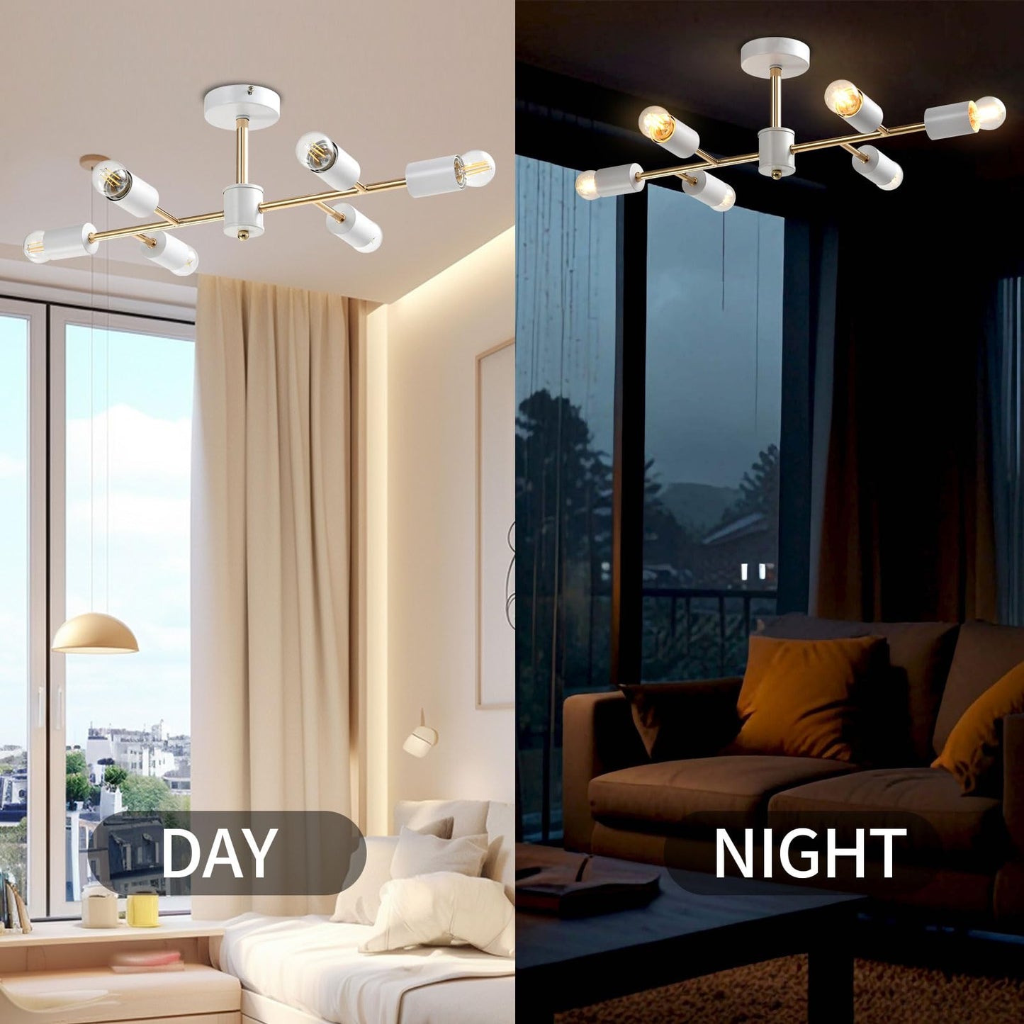 LQWELL® Chandelier Industrial Ceiling Light, Modern Chandelier E14 Kitchen Lamp Bedroom Lamp for Living Room Bedroom Kitchen, 6-Light, Gold White, No Bulb