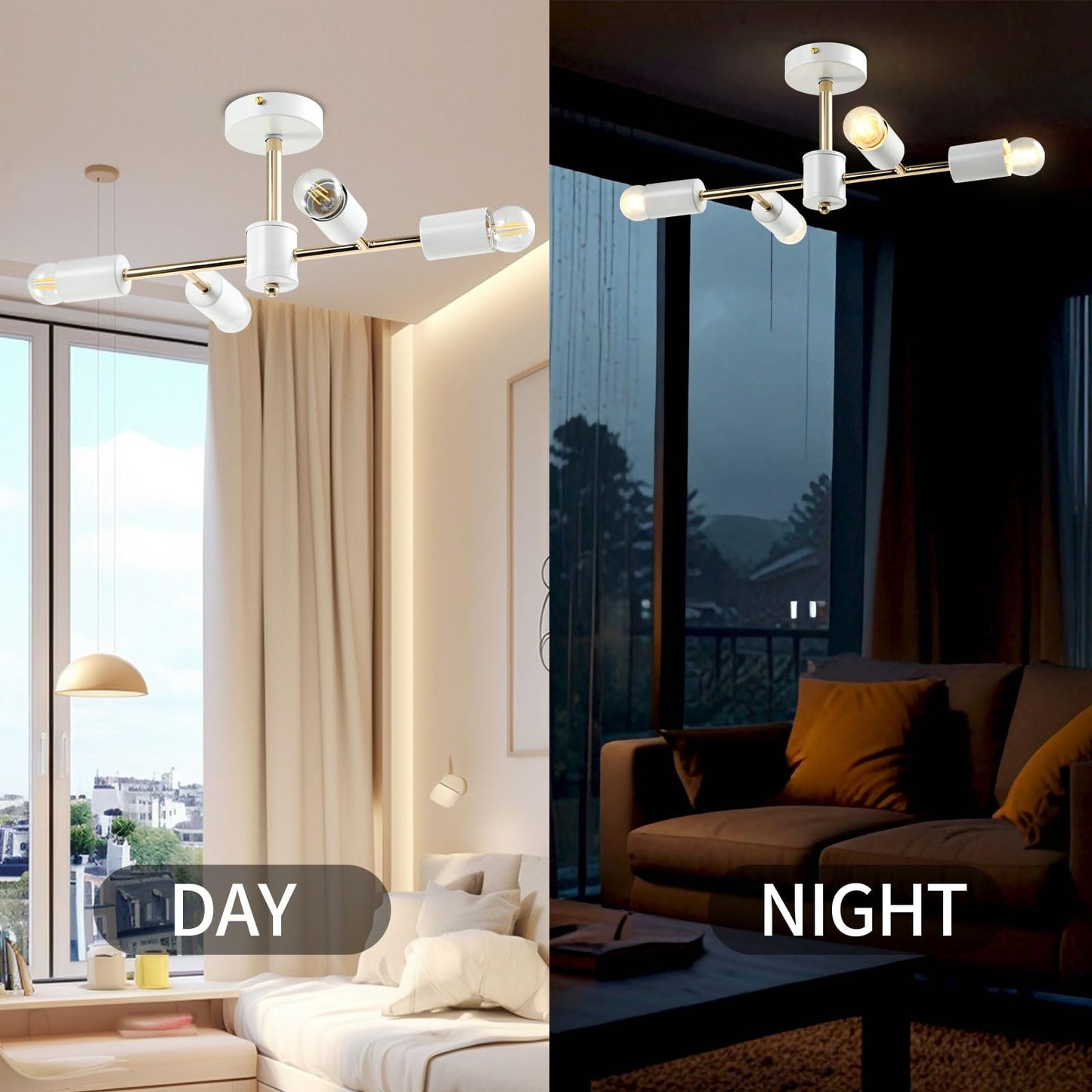 LQWELL® Chandelier Industrial Ceiling Light, Modern Chandelier E14 Kitchen Lamp Bedroom Lamp for Living Room Bedroom Kitchen, 4-Light, Gold White, No Bulb