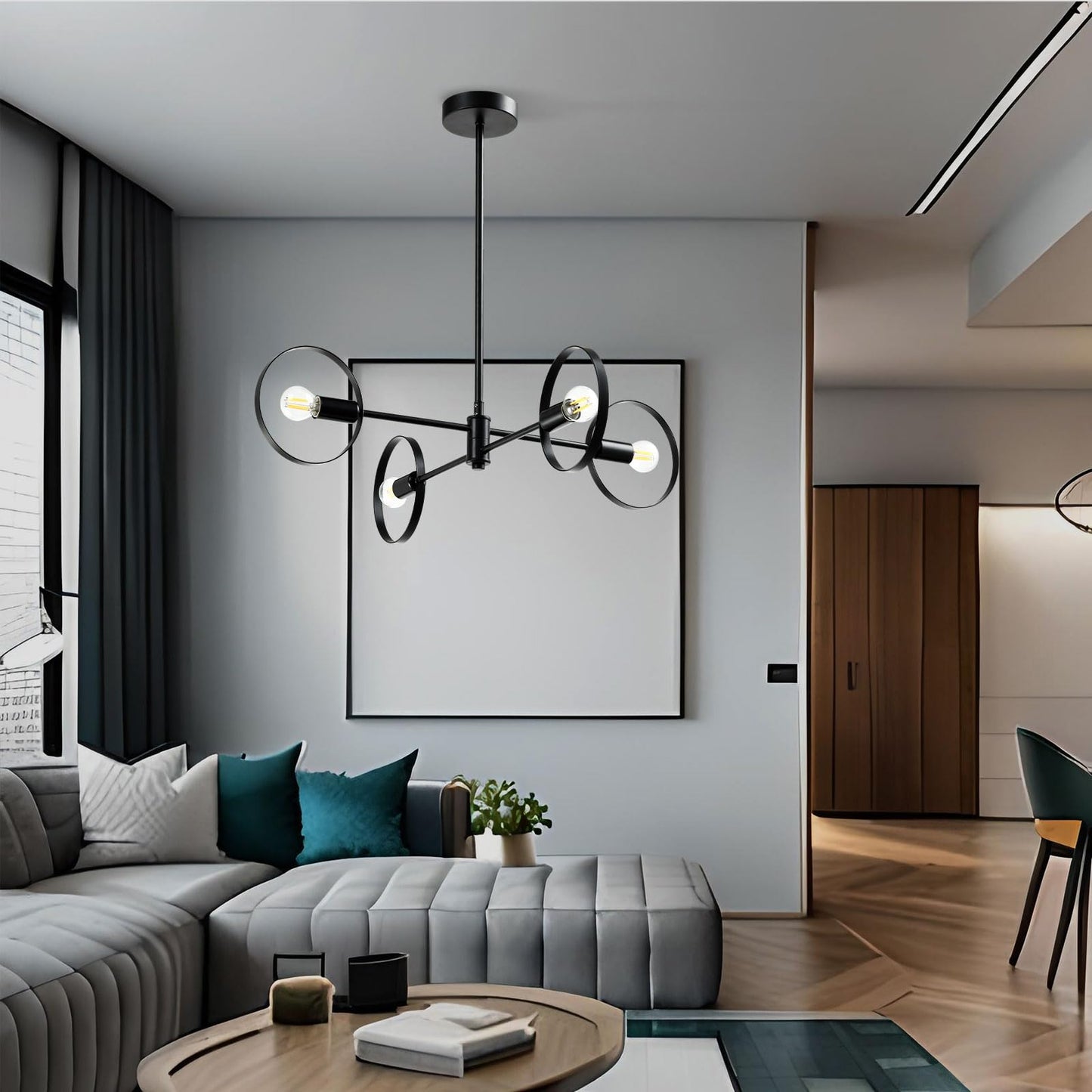 LQWELL® Chandelier 4-Light E14, Industrial Chandelier, Modern Pendant Light for Living Room Bedroom Dining Room Hallway Cafes Bar Studio, Metal Ceiling Lamp, Matte Black