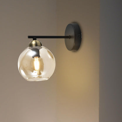 LQWELL® E14 Wall Light Spherical Glass Lampshade, Retro Indoor Wall Lamp 1-Bulb Wall Lighting Wall Spotlight for Bedroom Living Room Hotel Staircase, Matte Black Antique Green Cognac-Colored Glass Cover
