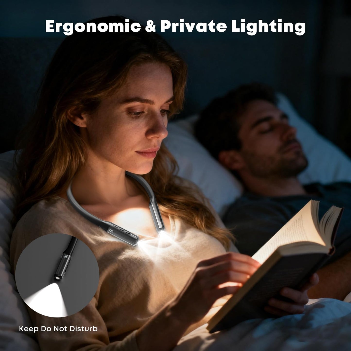 LQWELL® Neck Reading Light, 3 Colors & 3 Brightness Levels Adjustable, LED Book Light with Bendable Arms, Portable Neck Lamp, Ergonomic, Rechargeable for Reading, Crocheting, Sewing, Repairing, Knitting