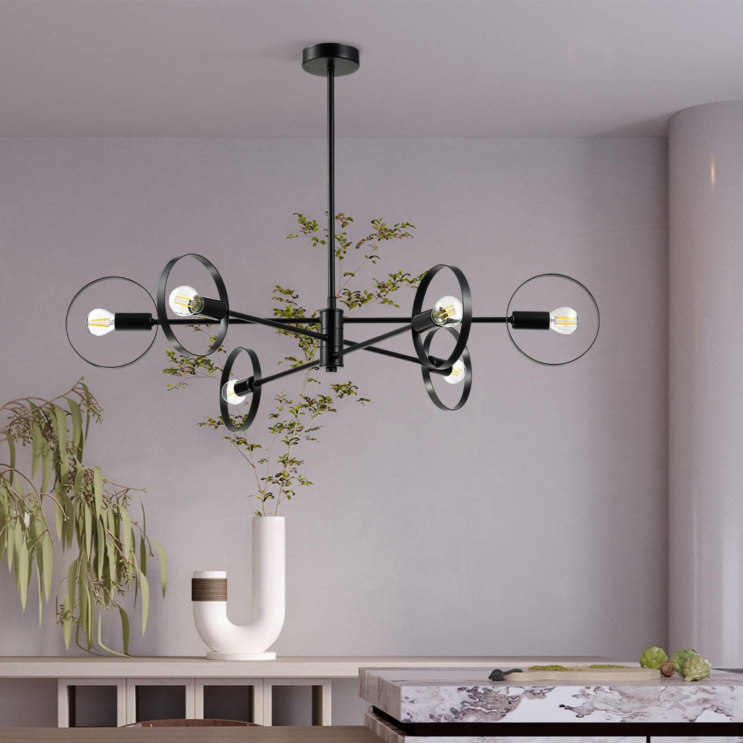 LQWELL® 6-Light E14 Chandelier, Industrial Chandelier, Modern Pendant Light Hanging Lamp for Living Room Bedroom Dining Room Hallway Cafes Bar Studio, Metal Ceiling Lamp, Matt Black