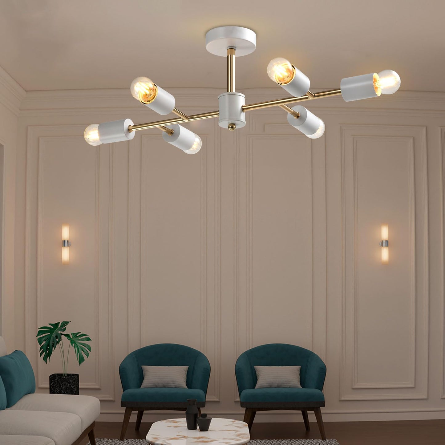 LQWELL® Chandelier Industrial Ceiling Light, Modern Chandelier E14 Kitchen Lamp Bedroom Lamp for Living Room Bedroom Kitchen, 6-Light, Gold White, No Bulb