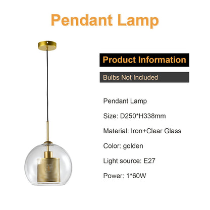 LQWELL® Globe Pendelleuchte E27 Hängeleuchte, Modern Mid Century Pendellampe Hängelampe Industrielle Kugelglas Lampenschirm für Küche Wohnzimmer Schlafzimmer Esszimmer, Metall Deckenlampe, Gold