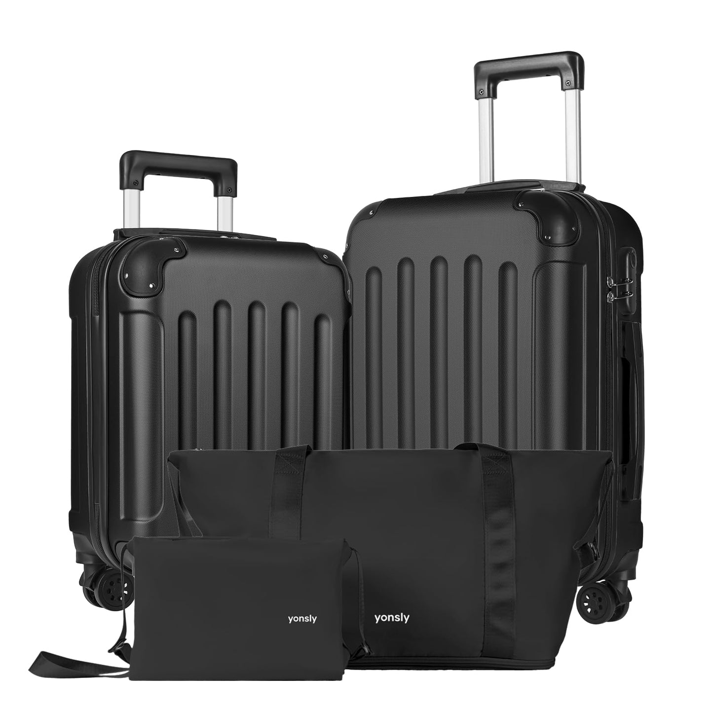 YONSLY® 4-Piece Luggage Set, Trolley Suitcase Set with 1 Travel Bag, 1 Toiletry Bag, Carry-On Rolling Suitcase with 4 Wheels, Hard-Shell, Size M with Combination Lock, Rubber Handle (S, M)
