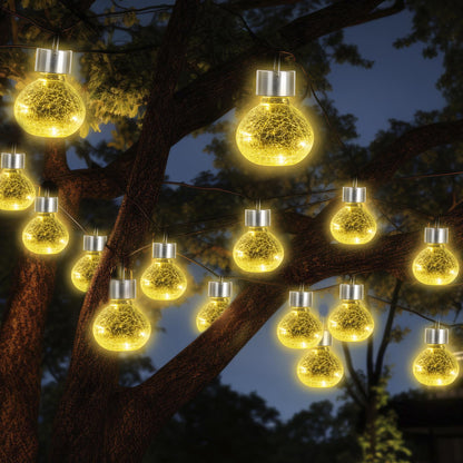 LQWELL® Solar Hanging Lights for Outdoors, 4 PCS Solar Outdoor Lights, Crackle Glass Ball Lantern Light, Waterproof, Warm White, Cracked, Hang or Stand for Party, Garden, Fence, Tree, Photo Decor