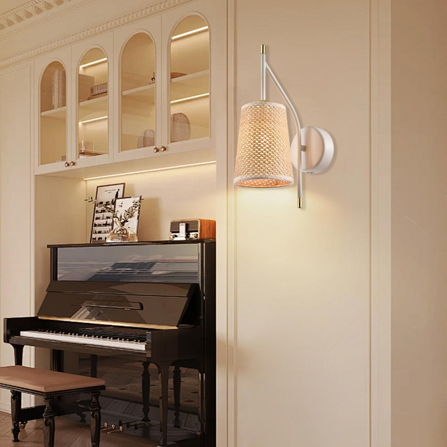 LQWELL® Retro Vintage Wandleuchte E14, Wandlampe Innen mit Stoffschirm, Schwarz/Beige Imitatgold, Beleuchtung für Schlafzimmer Wohnzimmer Hotel, Keine Glühbirne