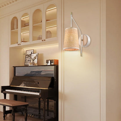 LQWELL® Retro Vintage Wandleuchte E14, Wandlampe Innen mit Stoffschirm, Schwarz/Beige Imitatgold, Beleuchtung für Schlafzimmer Wohnzimmer Hotel, Keine Glühbirne