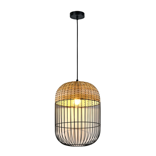 LQWELL® E27 Black Pendant Lamp, Retro Hanging Lamp Pendant Light Vertigo Lamp Height-Adjustable Chandelier Metal Rattan, for Living Room Bedroom Dining Room Cafes Studio Bar Counter