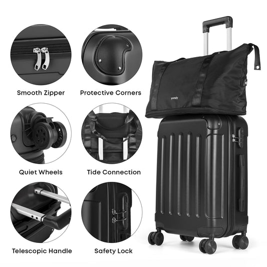 YONSLY® 4-Piece Luggage Set, Trolley Suitcase Set with 1 Travel Bag, 1 Toiletry Bag, Carry-On Rolling Suitcase with 4 Wheels, Hard-Shell, Size M with Combination Lock, Rubber Handle (S, M)