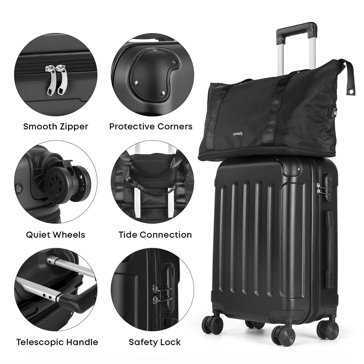 YONSLY® 4-Piece Luggage Set, Trolley Suitcase Set with 1 Travel Bag, 1 Toiletry Bag, Carry-On Rolling Suitcase with 4 Wheels, Hard-Shell, Size M with Combination Lock, Rubber Handle (S, M)