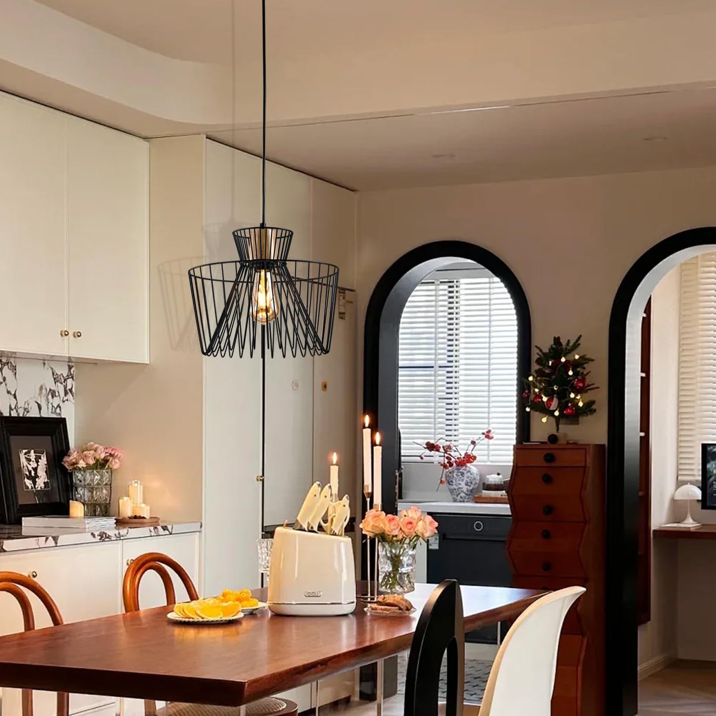 LQWELL® Pendant Light E27 Hanging Lamp, Retro Vintage Pendant Lamp Hanging Lamp Lotus Leaf Shape Streamline Modern Industrial Ceiling Lamp for Kitchen Living Room 1.5M Height Adjustable, Black