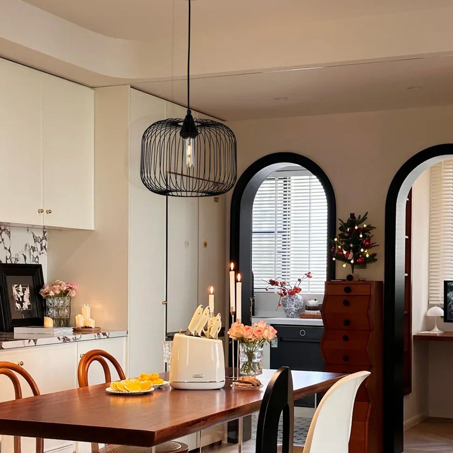 LQWELL® Pendelleuchte E27 Hängeleuchte, Retro Vintage Pendellampe Hängelampe Laternenform Vogelkäfigform Modern Industrielle Deckenlampe für Küche Wohnzimmer 1,5 M höhenverstellbar, Schwarz