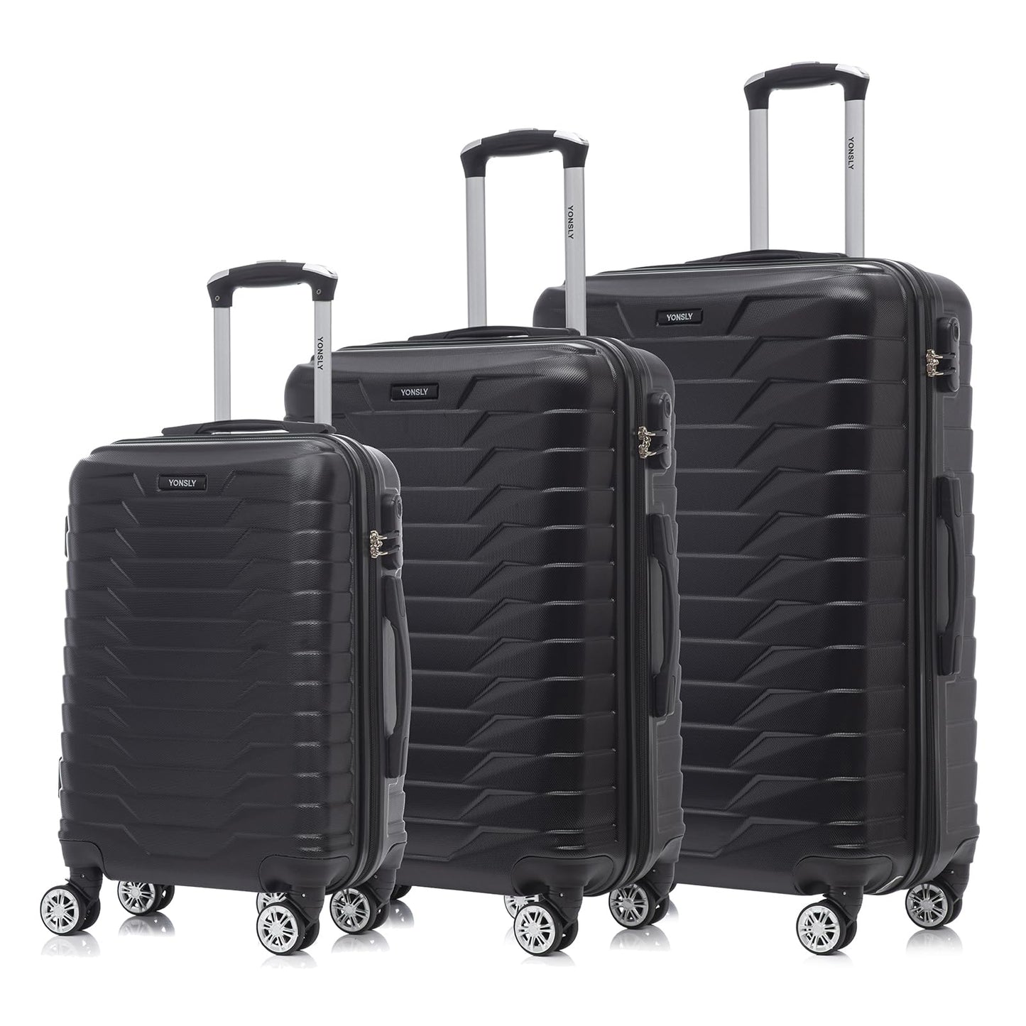 YONSLY® Reisekoffer Trolley Rollkoffer Handgepäck Travel Set, Kofferset, Gepäckset, Koffer Suitcase Hartschalenreisekoffer mit 4 Rollen 360°, Zahlenschloss, Weicher Gummigriff (3er Set,M,L&XL,Schwarz)