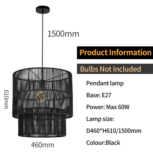 LQWELL® E27 Pendant Light, Retro Hanging Lamp Single-Head, Linen Black Brown Chandelier for Living Room Bedroom Dining Room Bar Hotel Shop Studio Cafes