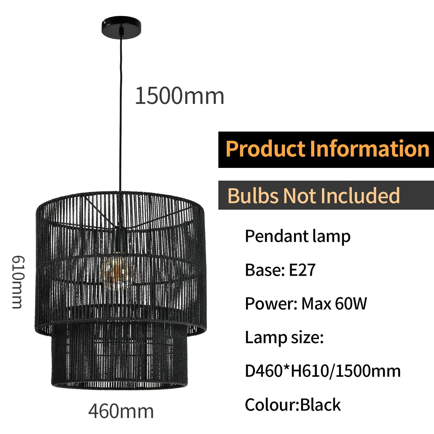 LQWELL® E27 Pendant Light, Retro Hanging Lamp Single-Head, Linen Black Brown Chandelier for Living Room Bedroom Dining Room Bar Hotel Shop Studio Cafes