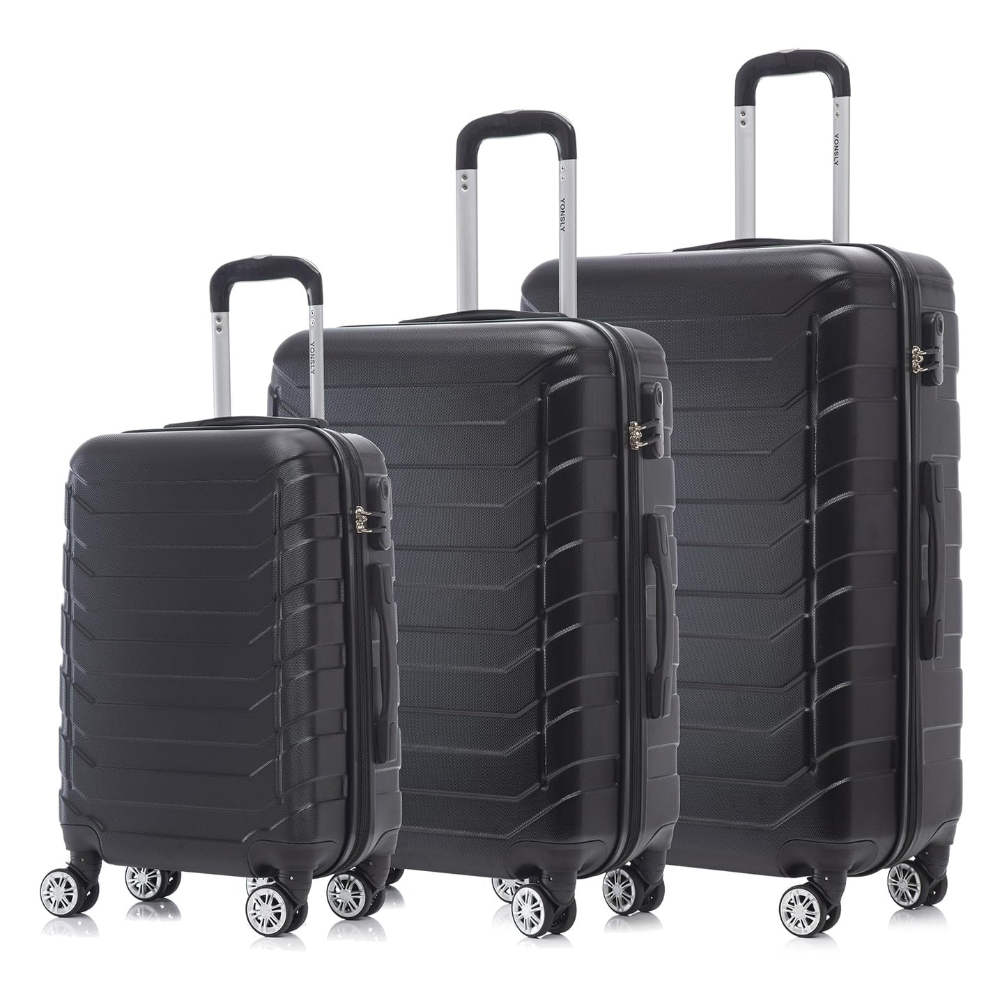 YONSLY® Reisekoffer Trolley, Rollkoffer Travel Handgepäck Set, Kofferset, Gepäckset, Koffer Suitcase mit Rollen 360°, Zahlenschloss, Weicher Gummigriff, Hartschalenreisekoffer(3er Set,M,L&XL,Schwarz)