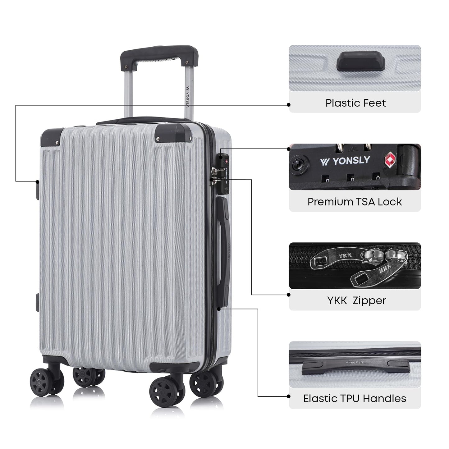 YONSLY® Premium Luggage TSA Lock, YKK Zipper Hardside Suitcase Trolley Cabin Luggage Spinner Suitcase Carry-on 4 Wheels (L-XL Set)