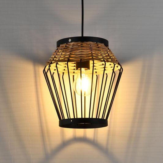LQWELL® E27 Black Pendant Light, Retro Hanging Lamp Vertigo Lamp Height-Adjustable Chandelier Metal Rattan, for Living Room Bedroom Dining Room Cafes Studio Bar Counter
