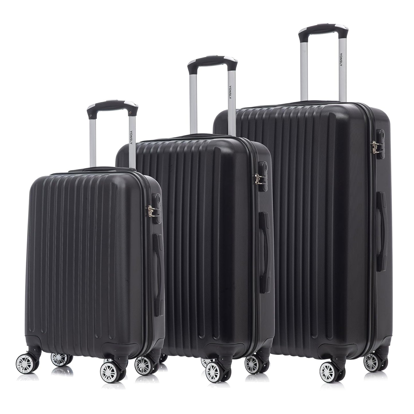 YONSLY® Reisekoffer Trolley Set, Rollkoffer Handgepäck, Kofferset, Gepäckset, Travel Koffer Suitcase Hartschalenreisekoffer mit Rollen 360°, Zahlenschloss, Weicher Gummigriff (3er Set,M,L&XL,Schwarz)